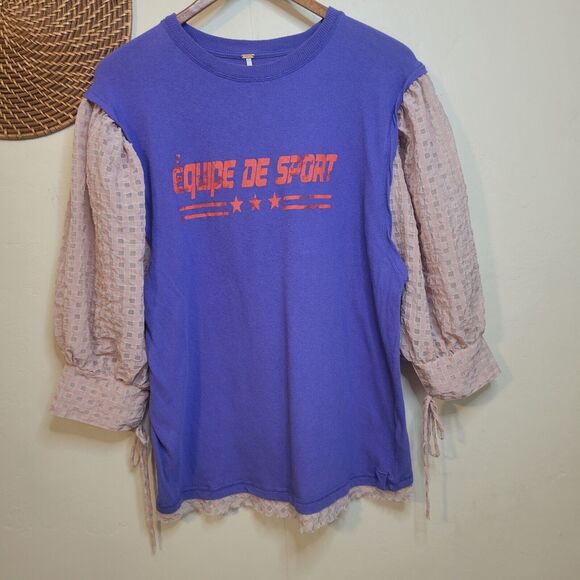 Free People Just Met‎ Tee in Sport Combo Purple Pink Ruffle Sleeves Small - Picture 1 of 14